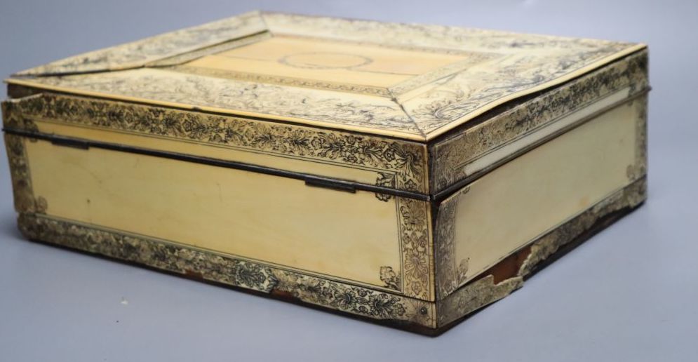 A Vizagapatam ivory sewing box, early 19th century, with interior fittings, 31cm wide